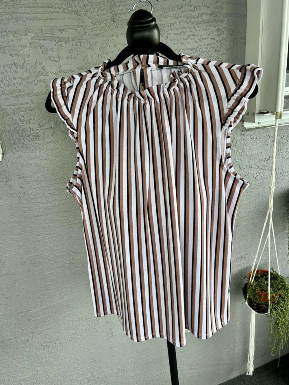 Adrianna Papell White and Brown Vertical Stripe Ruffle-Neck Camisole